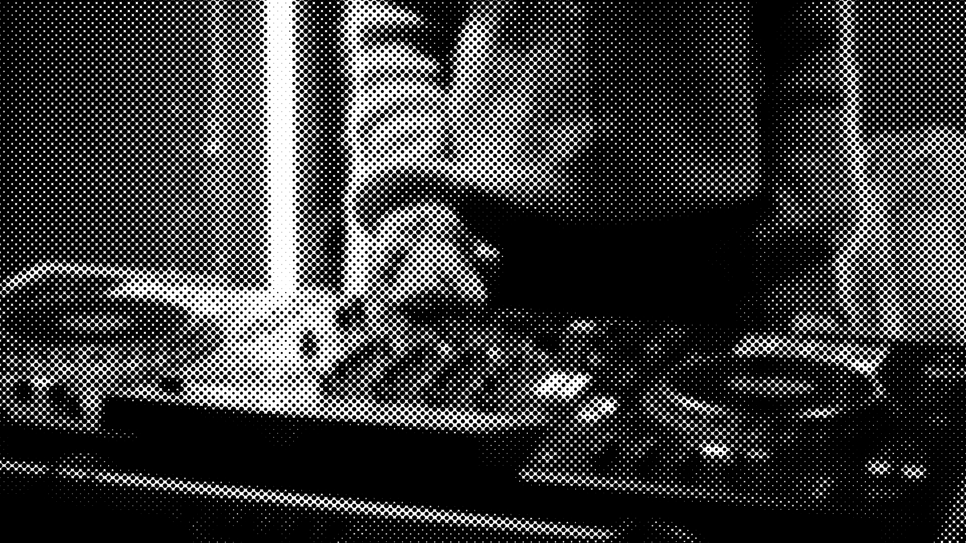 DJ decks in a booth, in halftone